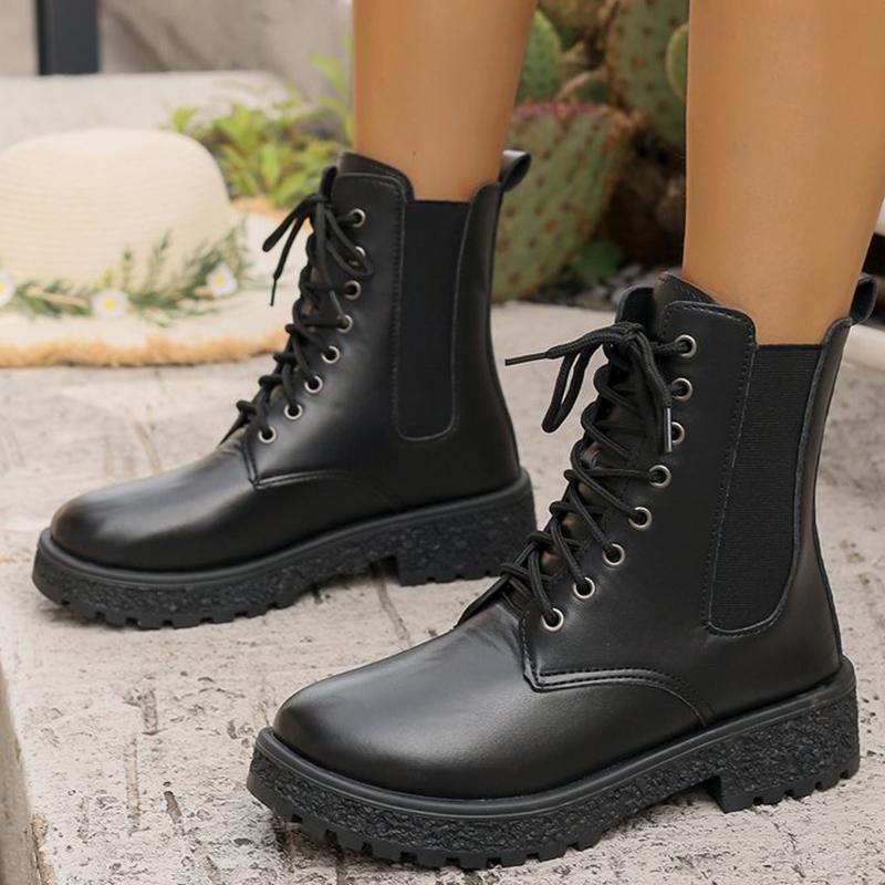 Spring Autumn Luxury Lace-Up Ankle Boots for Women Waterproof Square Heel Women's Boots Round Toe Solid Shoes of Woman
