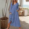 Women Bohemian Cotton Linen Dress Oversized V-neck Long Sleeve Swing Dress Pleated Ruffle Tiered Flowy Long Dress