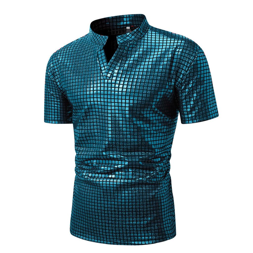 Men's Summer Plaid Tops Printed Shiny Men's Tops Casual T-shirts Men