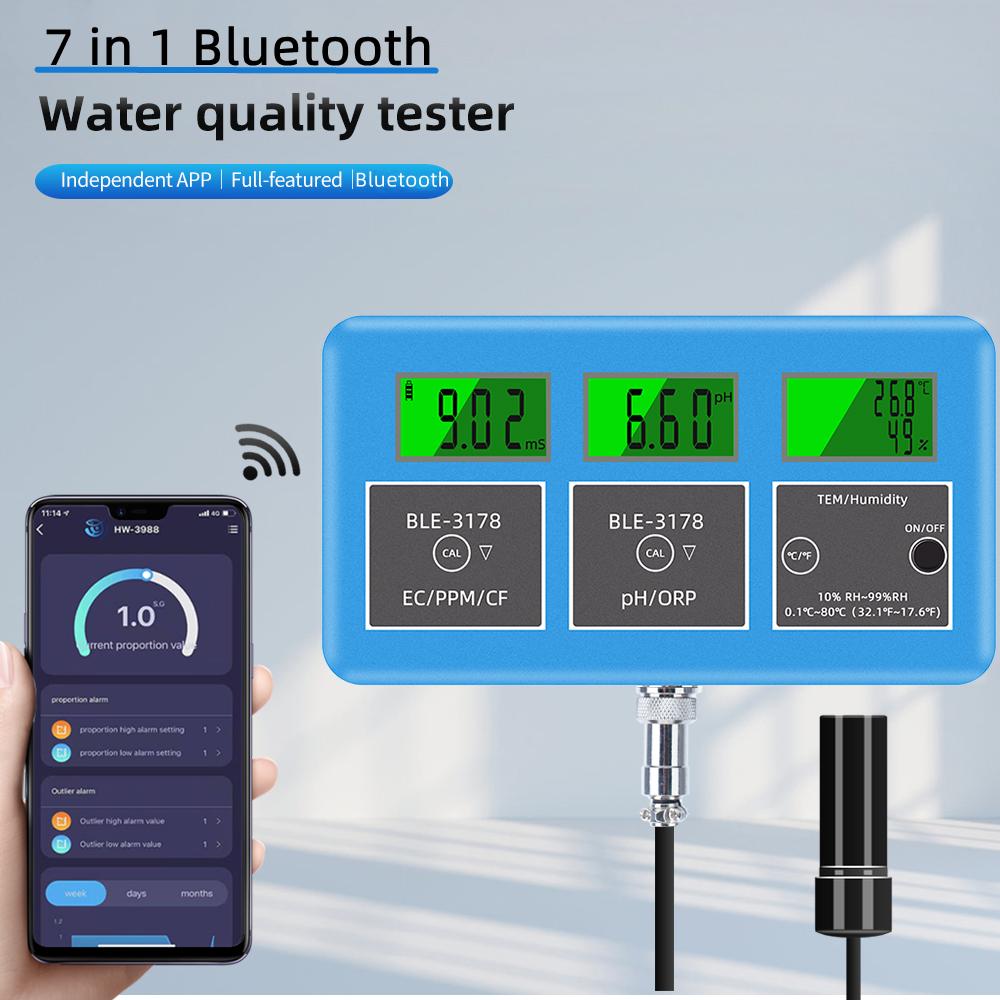 Blue-tooth 5.2 Multifunctional 7 In 1 Water Quality Tester EC/TDS/CF/pH/ORP/Humidity/TEMP Meter BLE-3178 APP Remote Monitoring