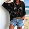 Women Tops V-Neck Three-quarter Sleeves Loose Fit Knitted Tops Pure Color Hollow Design Summer Casual Blouse