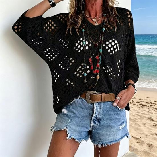 Women Tops V-Neck Three-quarter Sleeves Loose Fit Knitted Tops Pure Color Hollow Design Summer Casual Blouse