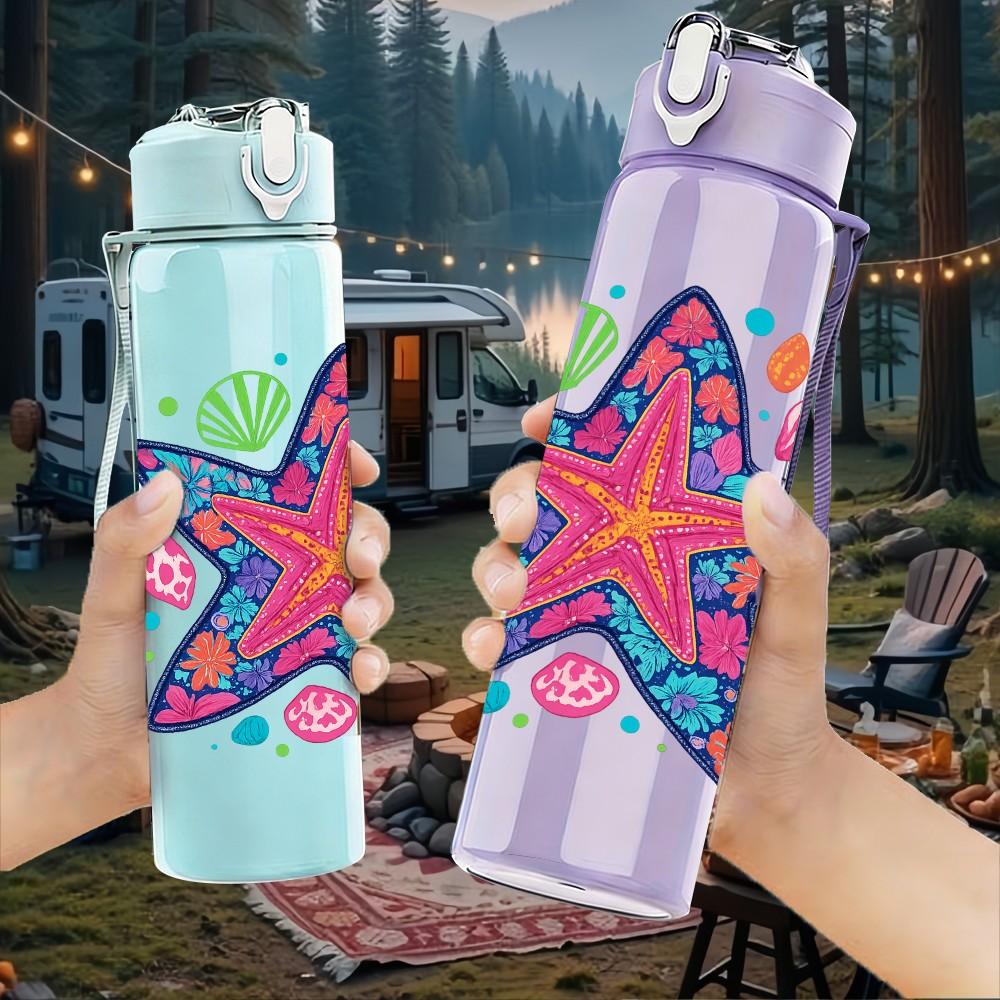 1PC Colorful Pattern Starfish 750ml Color Plastic Sports Water Bottle Leakproof Flip Straw Lid Suitable for Sports Office Home Use