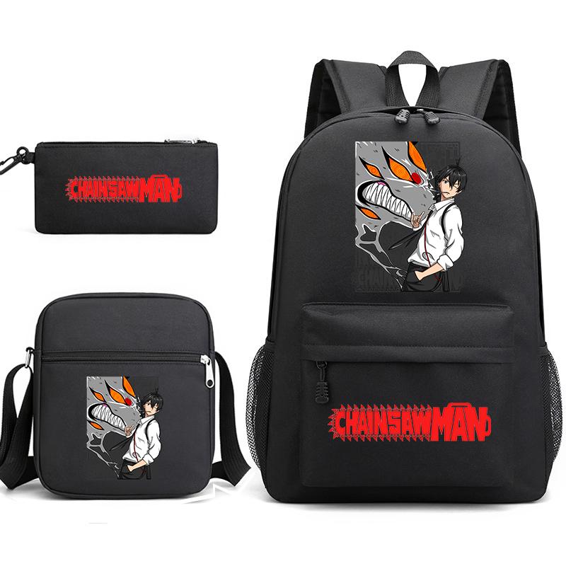 Chainsaw Man Print Student Backpack Set with Crossbody Bag and Pencil Pouch for Boys Girls Daily Use