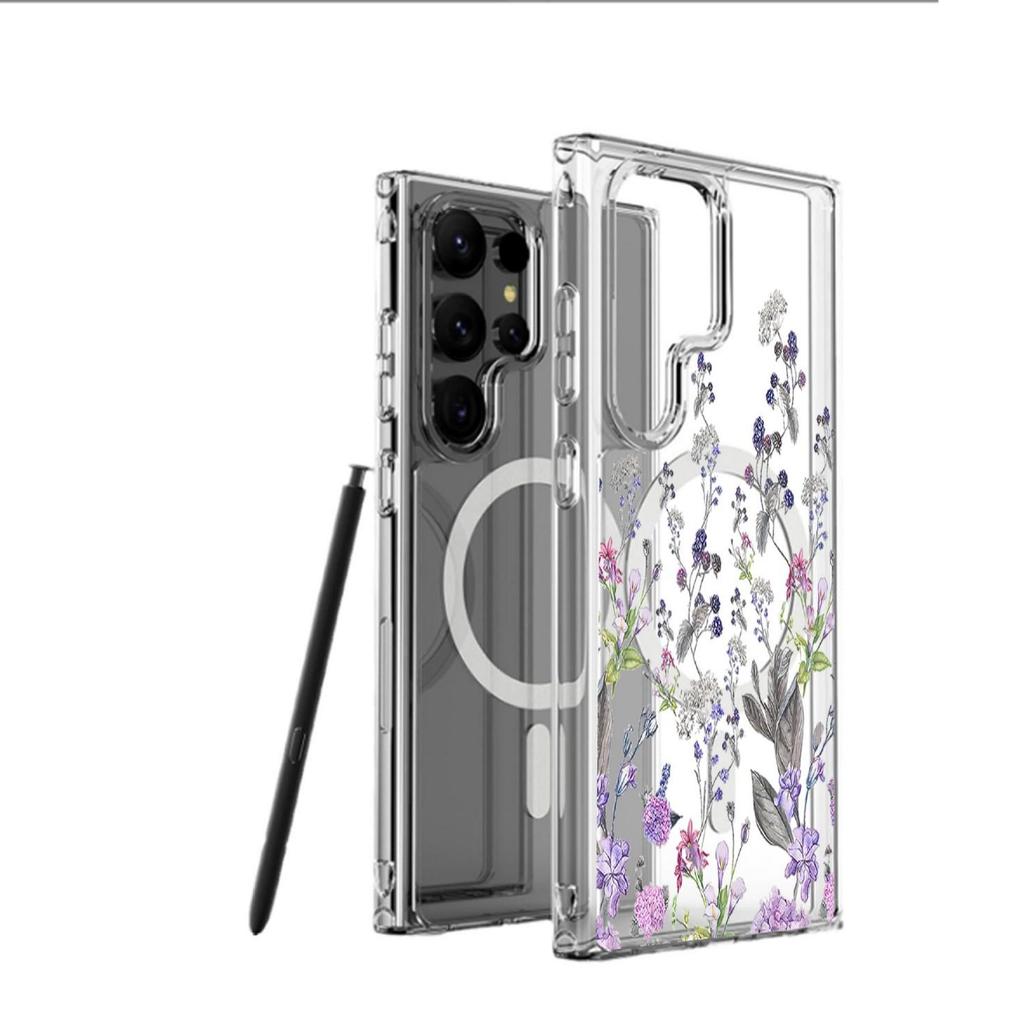 Purple Flower Magnetic Case for iPhone 15/16/17 Pro Max - Transparent Full Coverage Protection