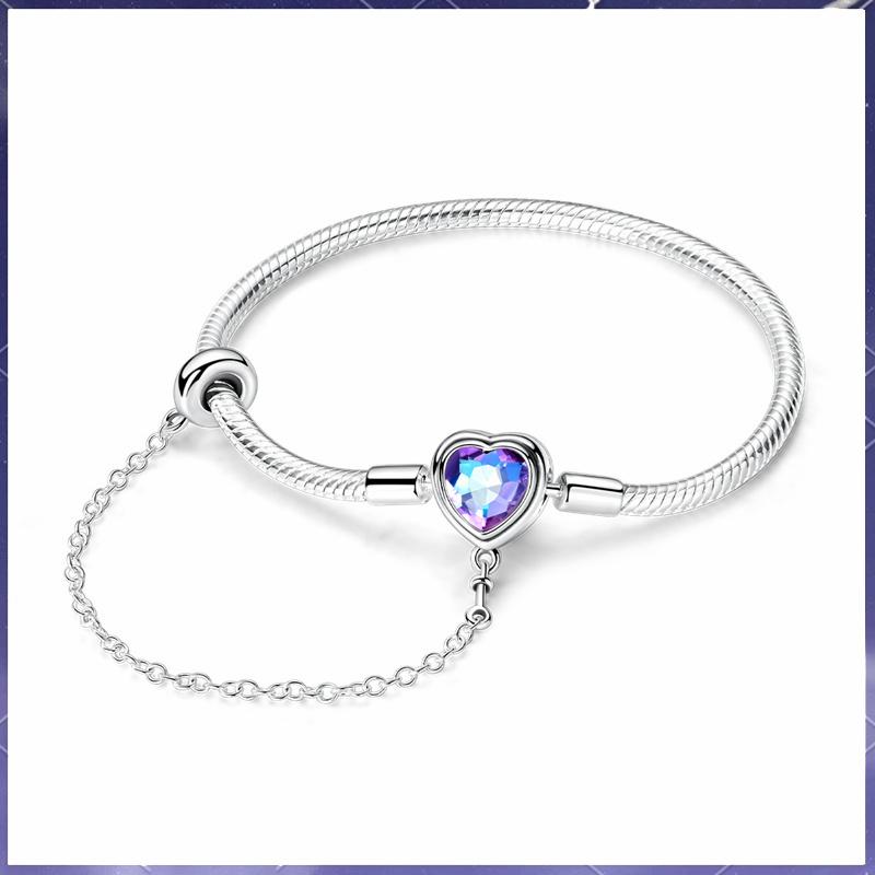

New 925 Silver Blue Purple Love Safety Chain Snake Bone Women s Bracelet Suitable for DIY Jewelry 17