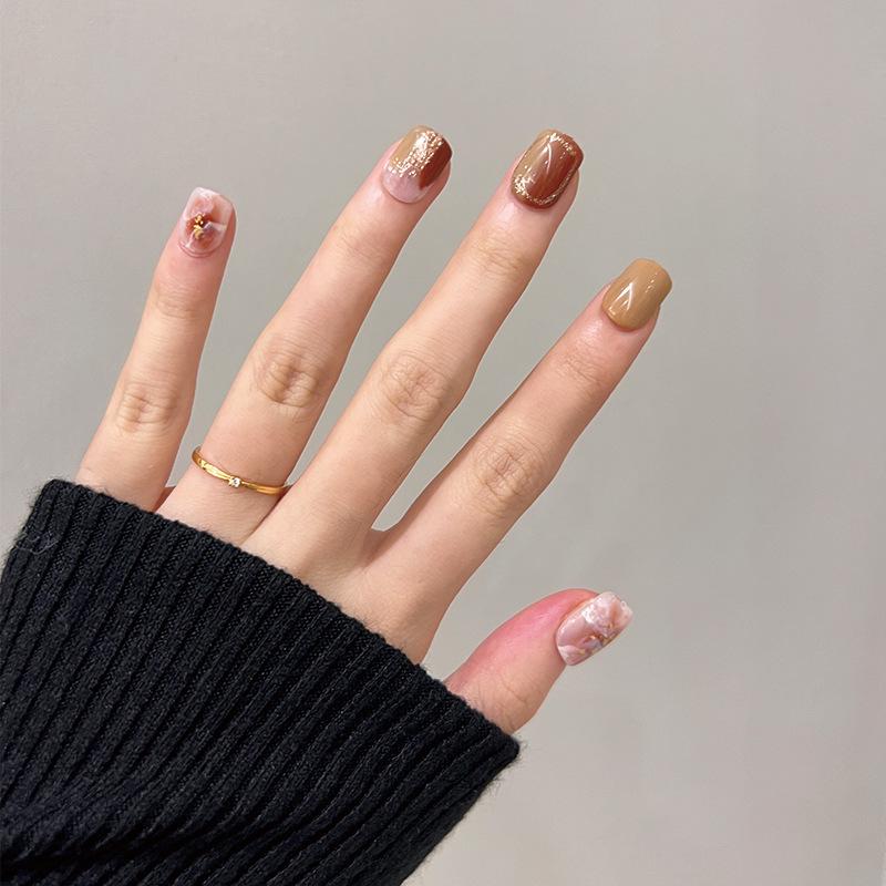 Brown Gradient Gold Foil Press-on Nails: Short Autumn/Winter Whitening Manicure Tips