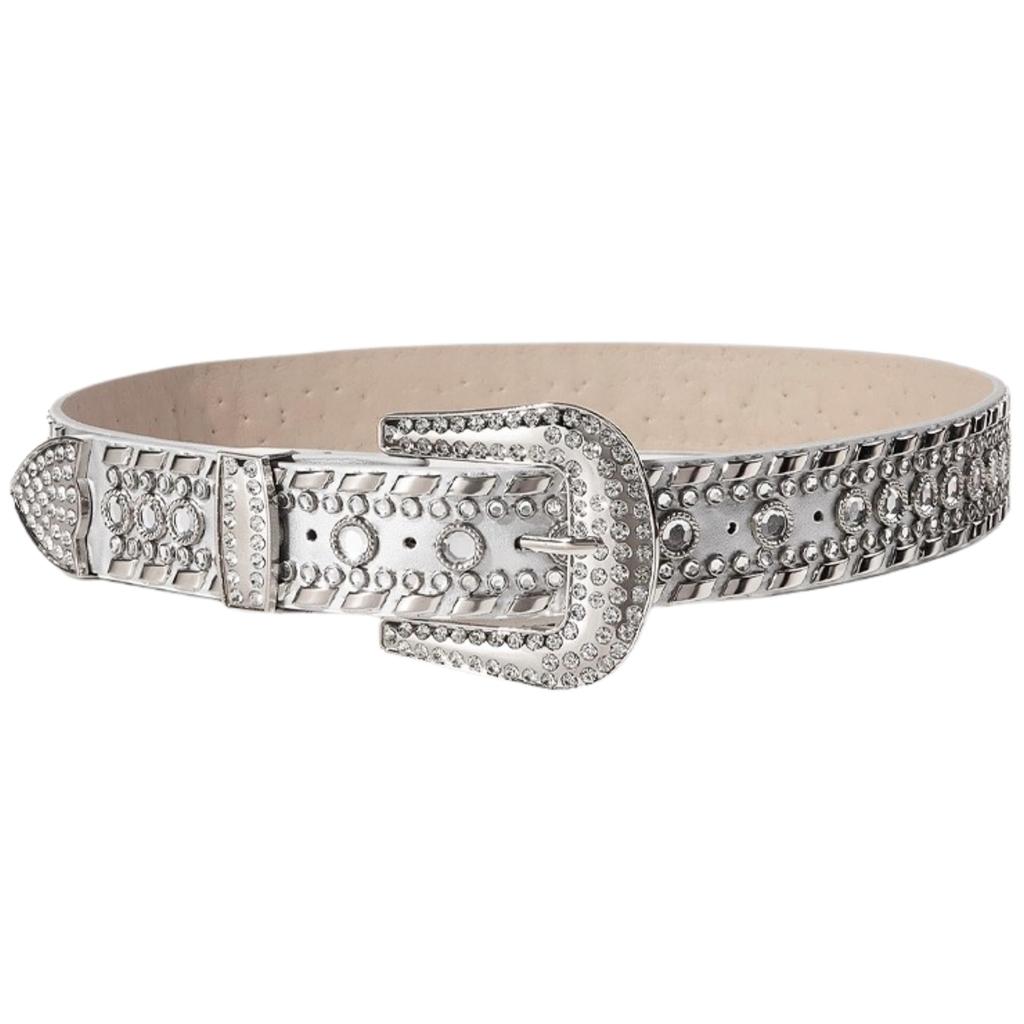 Studded Western Bling Dance [SNOEAKRH] Belt, Rhinestone, Y2K, Style, Sparkling, Sequins, Glitter, Bling, Unisex, Party, (Silver)