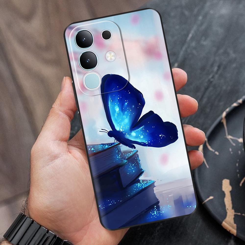 For Vivo Y29 4G Black Back Cover Fashion Flower Butterfly Painting Case Soft TPU Silicone Fundas For Vivo Y29 4G Protect Cover