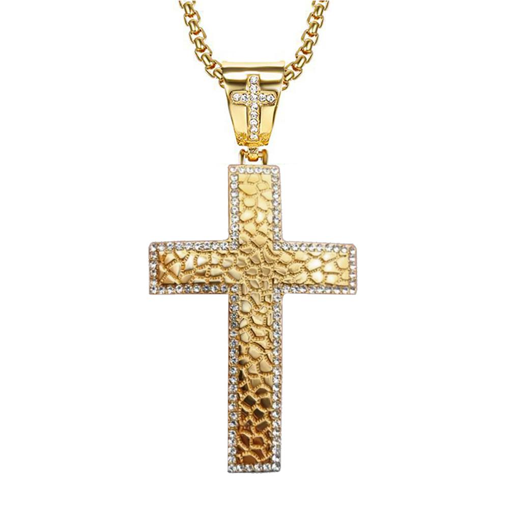 Hip Hop Iced Out CZ Large Big Cross Pendant Necklace Male Gold Color Stainless Steel Christian Necklace for Men Religiou Jewelry