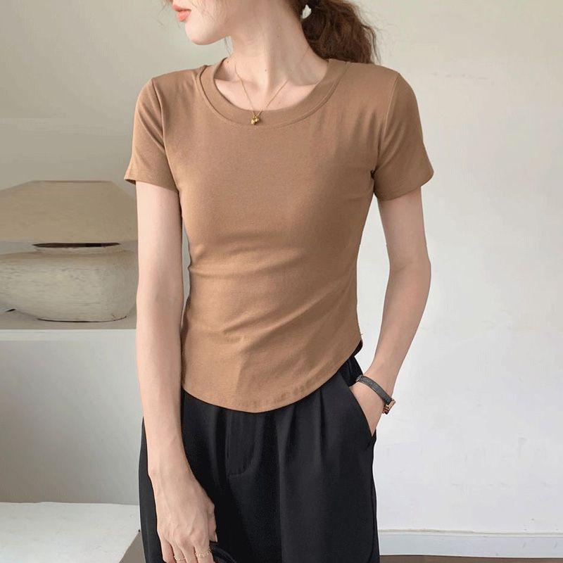 

Women s Korean Slim Fit Round Neck Short Sleeve T-shirt with Irregular Curved Hem Small хаки