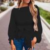 Trendy Loose-fit Chiffon Lantern Sleeve Top With Bowknot For Women Spring