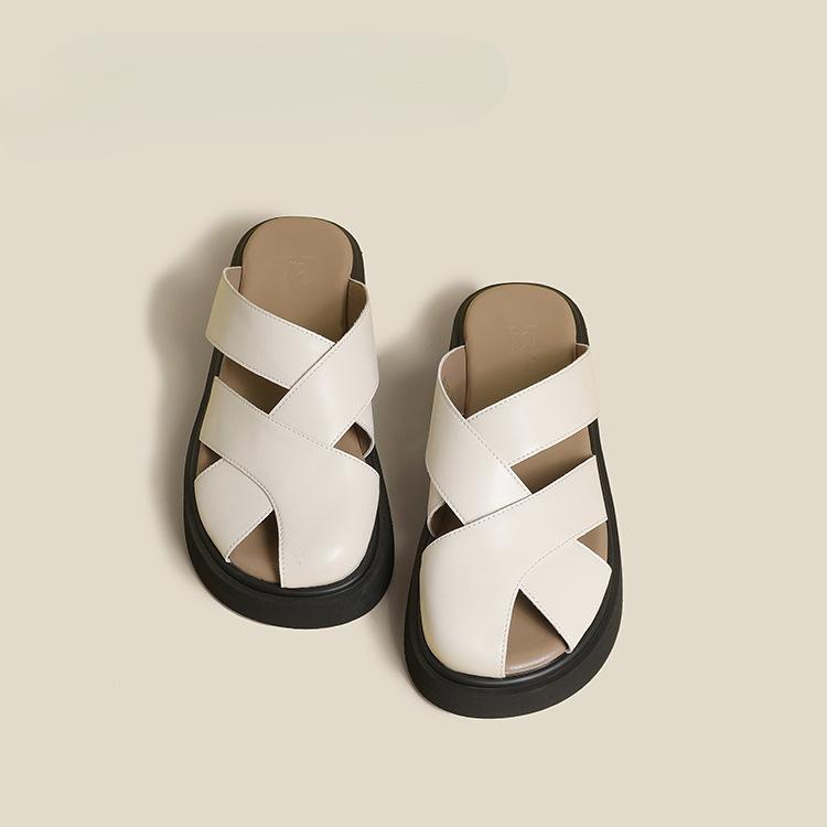 French platform bag head open-toed Roman shoes slippers women's outer wear 2025 summer new lazy half slippers small