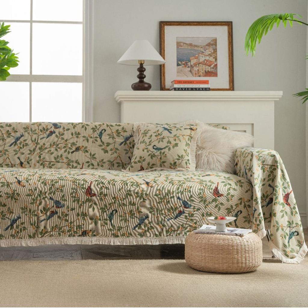 Sofa Towel Anti-cat Scratch Jacquard Flower Bird Green Retro Festive Festival Thick Sofa Blanket
