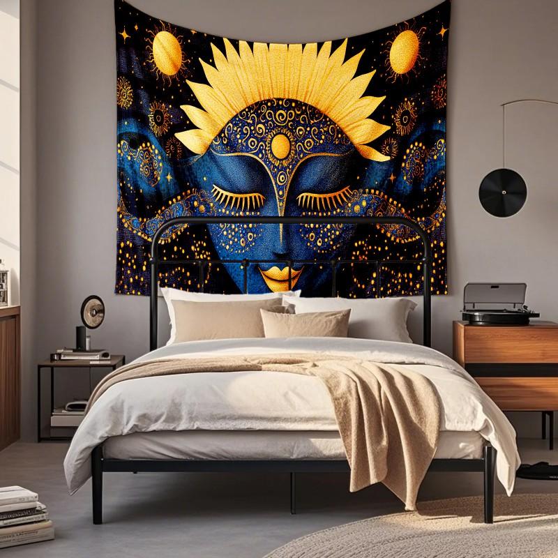 Boho Chic Wall Tapestry With Moon Phase Floral Starry Sky Design Bedroom Yoga Studio Decor