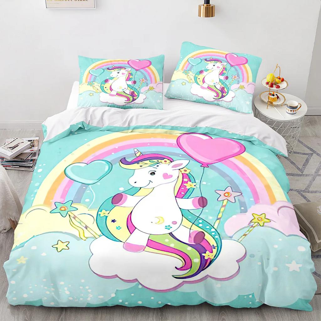 Unicorn Duvet Cover King Queen Cute White Cartoon Animal Bedding Set Children Boys Girl Western Fairy Tale Polyester Quilt Cover