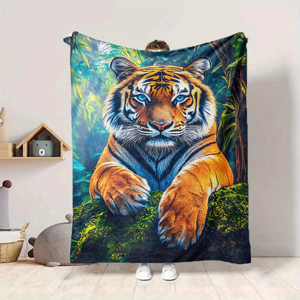 1pc Tiger Print Blanket, Lightweight Flannel Fleece with Digital Printing, Soft Warm for Sofa, Travel, Camping, Office, Couch, Chair, and Bed, All-Sea