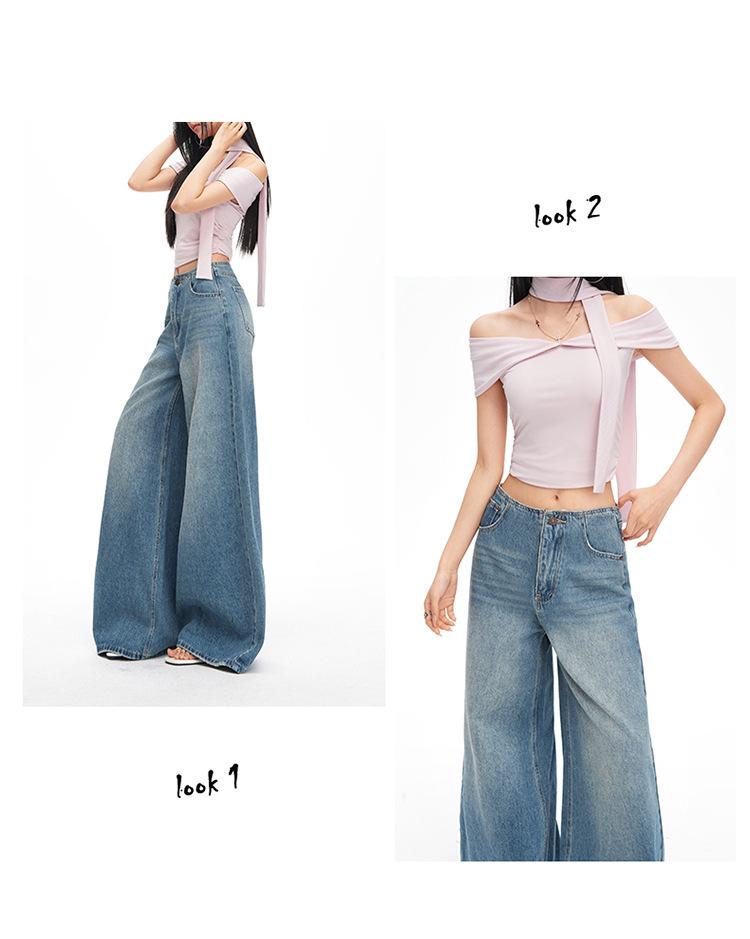 2026 Spring Women's Retro Wide-Leg Jeans: Waistless, Versatile, Loose, Slimming, Floor-Length Pants