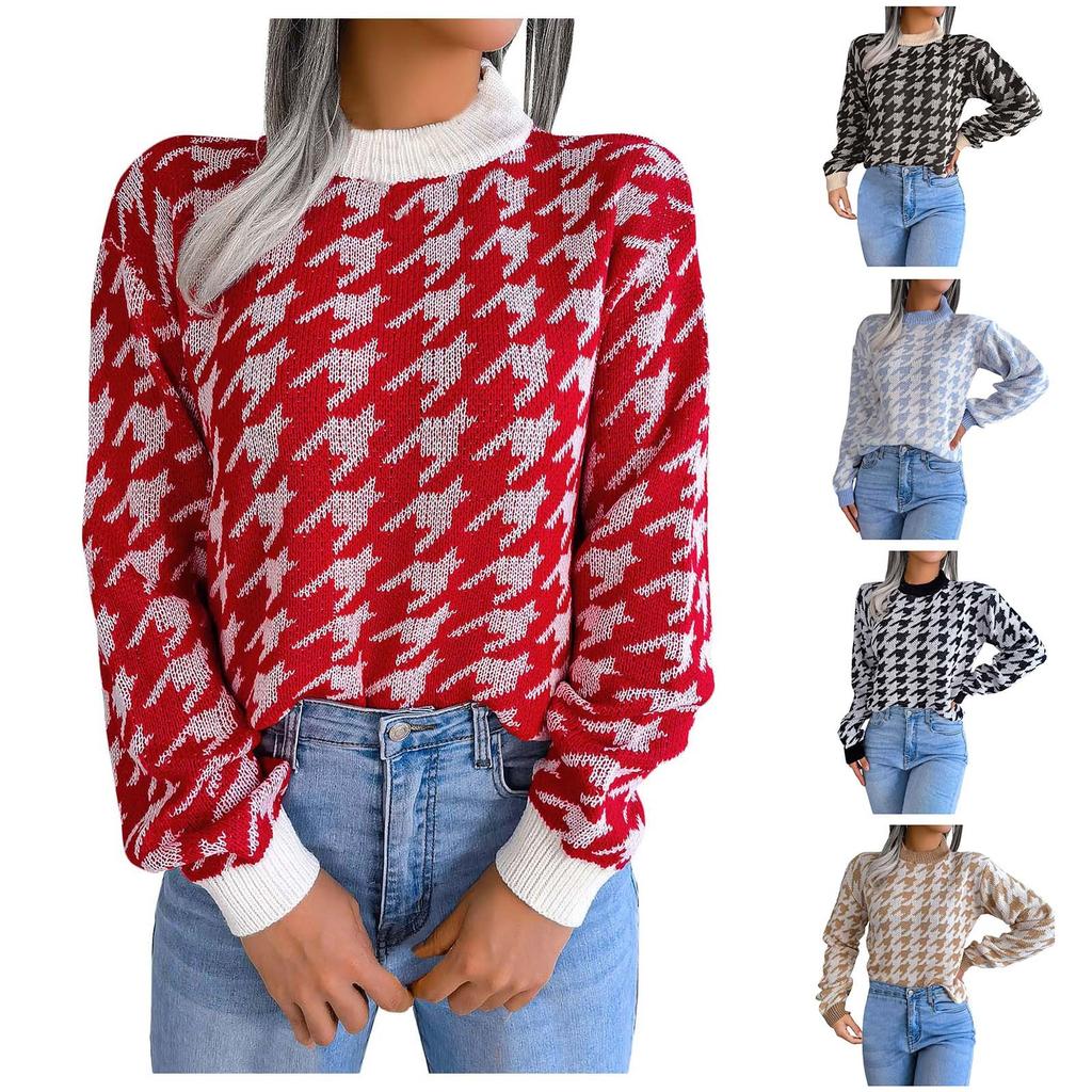 Women's Autumn/winter Fashion Casual Plaid Long Sleeve Turtleneck Pullover Knit Sweater