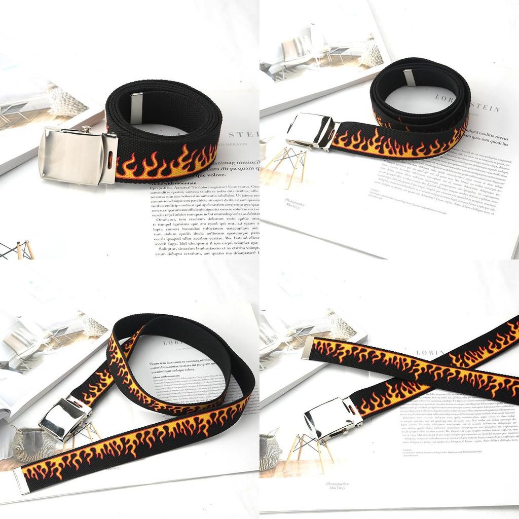 Fashionable Flame Pattern Metal Buckle Decoration Woven Canvas Belt For Men And Women Casual Style