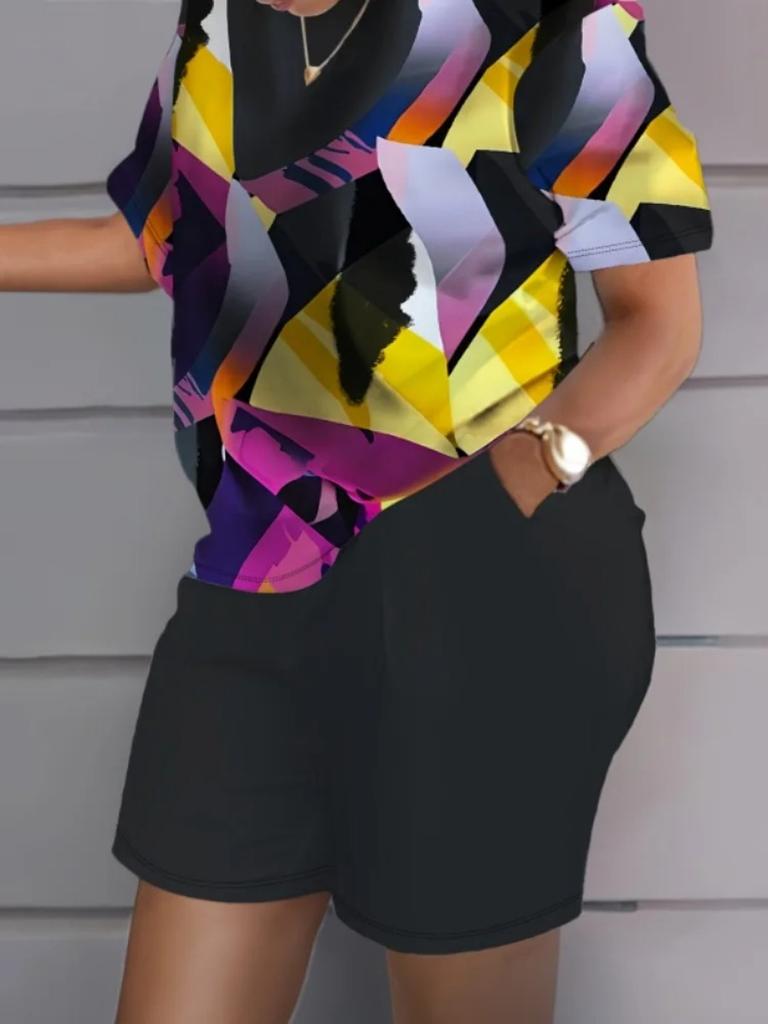 Summer Colorful Print Women Two-piece Sets Casual Short Sleeve Round Neck T-Shirt & Shorts Loungewear Short Sleeve Shorts Two-piece