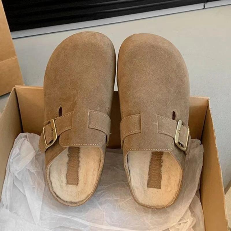 Wearing women's fluffy slippers outside, women's new autumn and winter one-pedal velvet Boken single shoes with thick soles and half tows