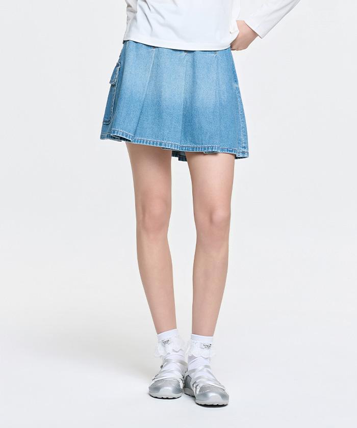 Emelbi Women'S Varsity Vintage Denim Cargo Pleated Skirt Ny (Indigo)