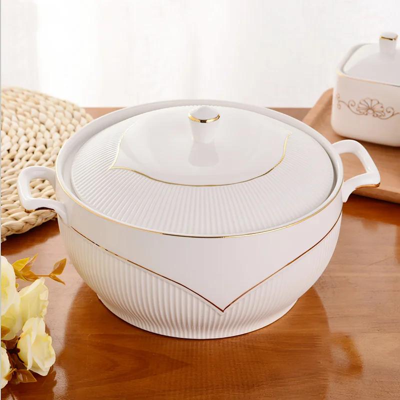 Ceramic Soup Pot Nordic Phnom Penh White Round 2.6L Large Bowl with Lid Cooking Utensils Household Kitchen Supplies Tableware