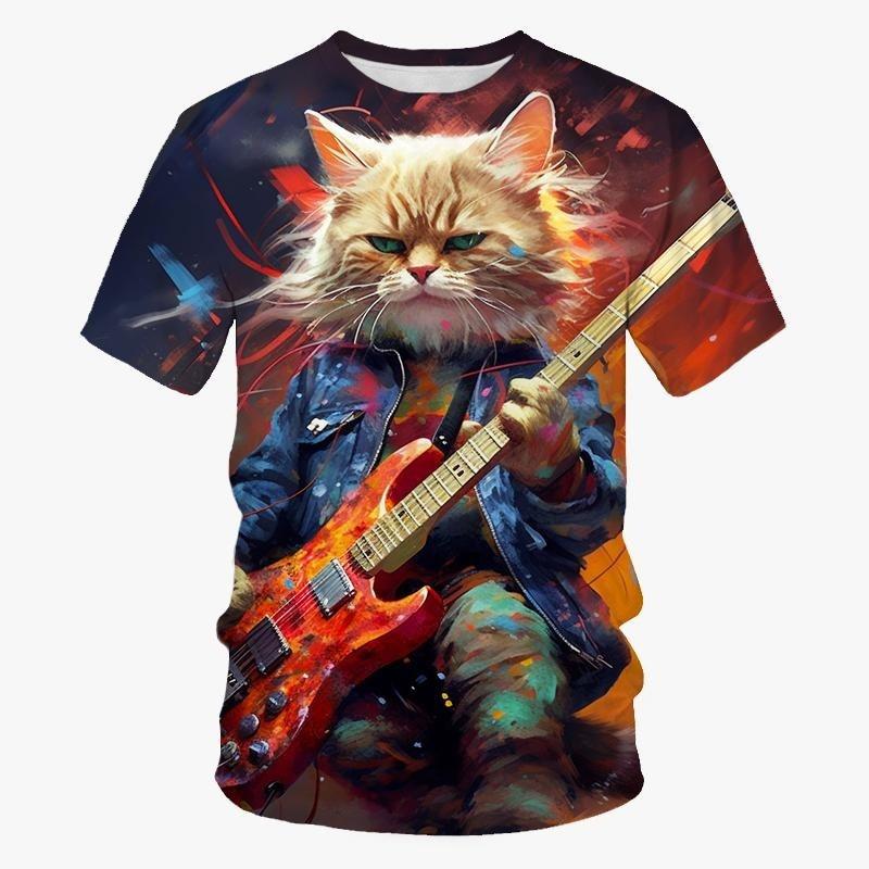 3d Print Guitar Bass Cat T Shirt For Men Animal Graphic T-shirt Hip-hop Personality Short Sleeves Round Neck Rock T-shirts