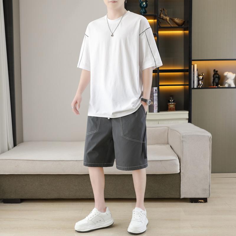 Men's new summer solid color simple short-sleeved shorts two-piece set casual loose versatile large size suit
