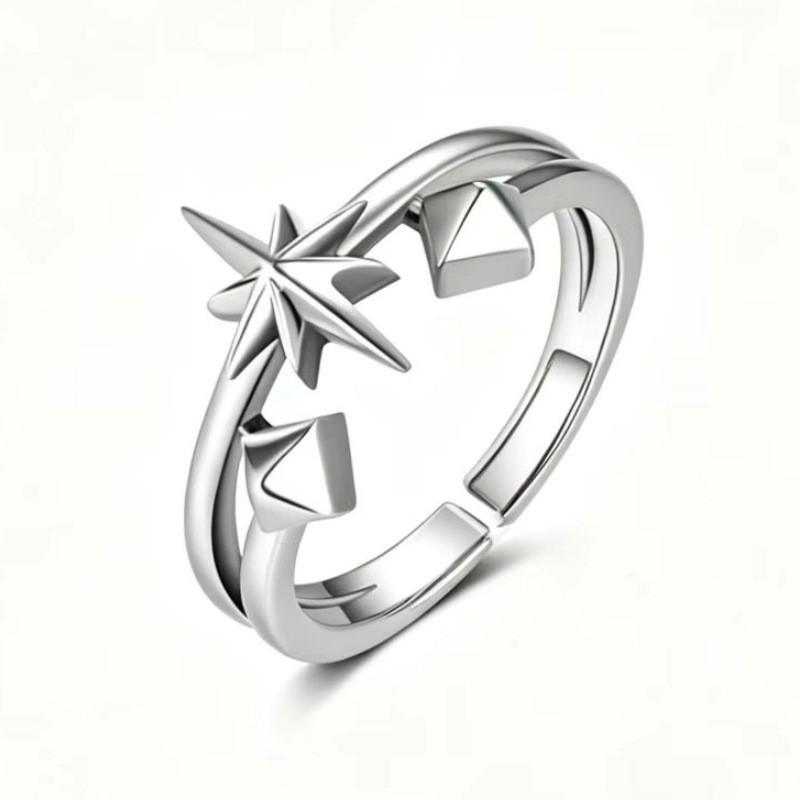 Adjustable Open Ring Men Women Star Geometric Design Vintage Copper Jewelry With Four-Point Motif