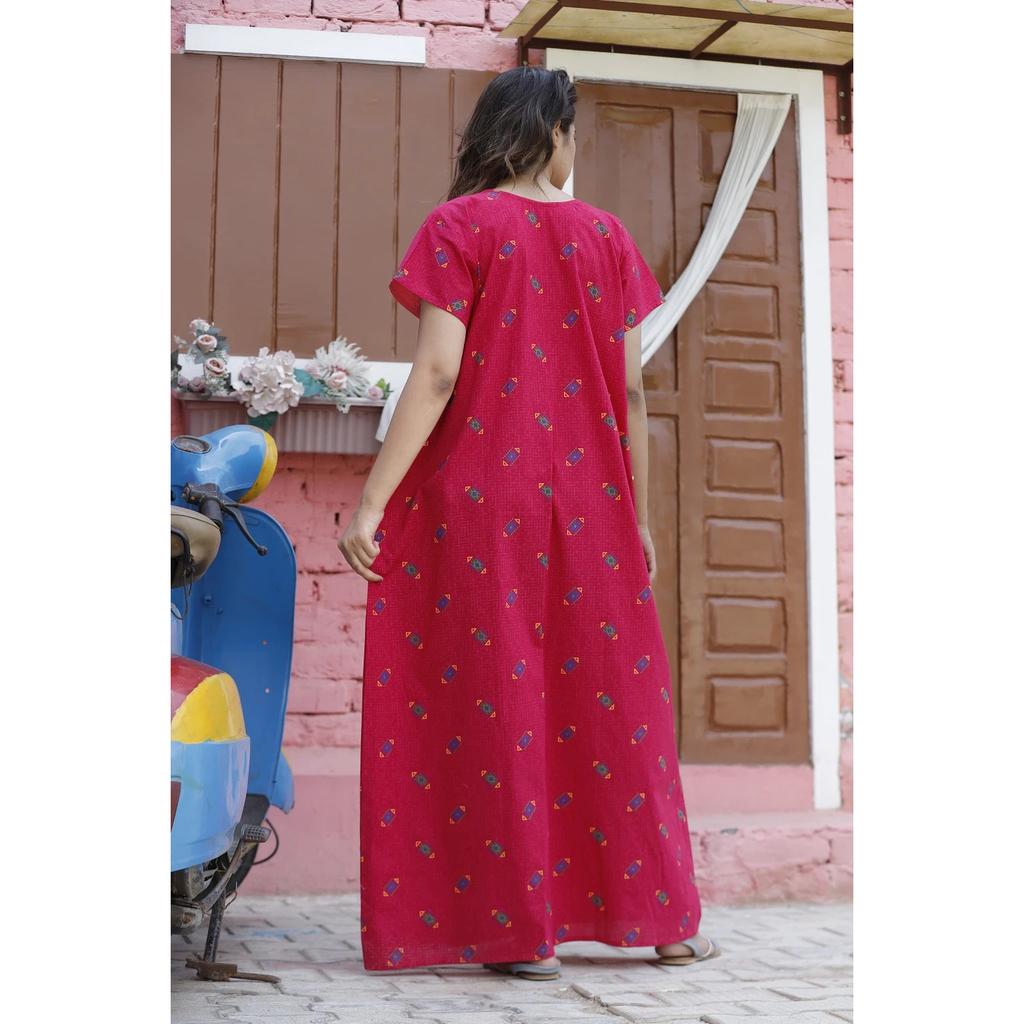 Indian Printed Maxi Length Gown Designer Women Daily Wear Pink Nighty Dress