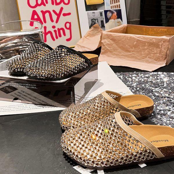 2025 Summer Rhinestones Full Diamonds Fishing Net Baotou Big Head Baotou Half Slippers Sandals Toboken Shoes Flat Women's Shoes