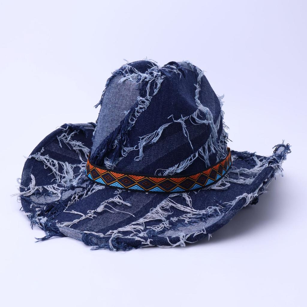 Denim One-Word Top Top Top Hat Jazz Hat Ripped Retro Western Cowboy Hat