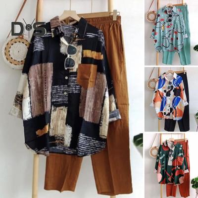 Conjunto de Camisa y Pantalón de 2 Piezas Color Block Solapa de un Solo Botón Manga Larga Suelto Cintura Elástica Pierna Ancha Suave Casual Conjunto de Blusa y Pantalón para Dama