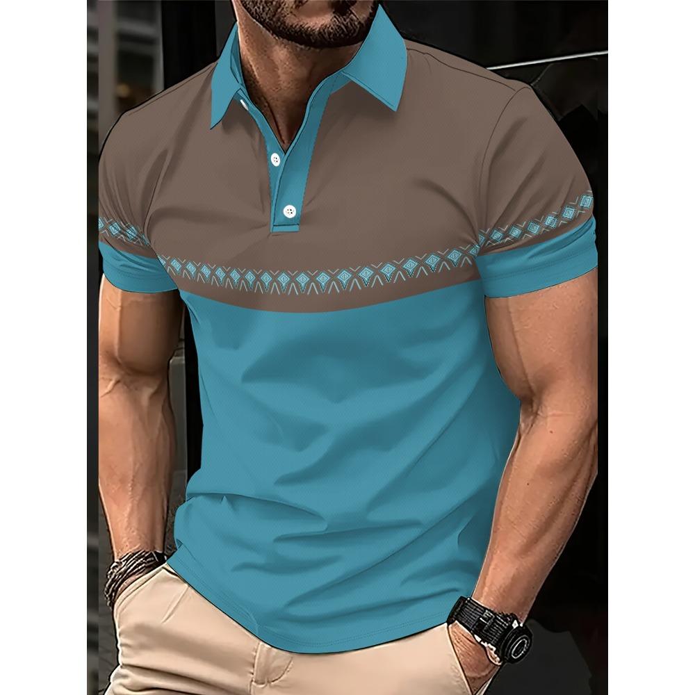 Men's Short Sleeved Polo Shirt 3D Striped Pattern Print