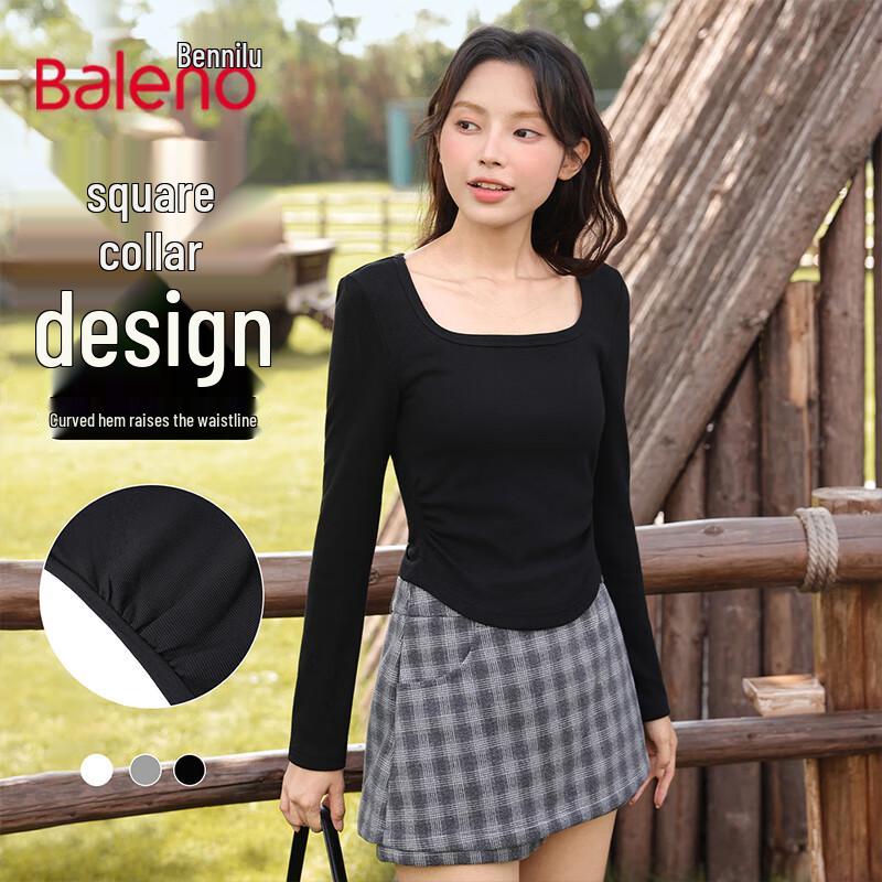 Baleno Simple Square Neck Pleated Slim Fit Long Sleeve T-shirt XL