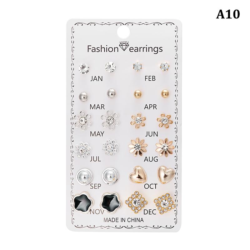 Set 12 Perechi Cercei Stud Combinate Perle Imitate Floare Inimă Stea Cercei Mici Pentru Femei Stil Mixt Bijuterii Lună