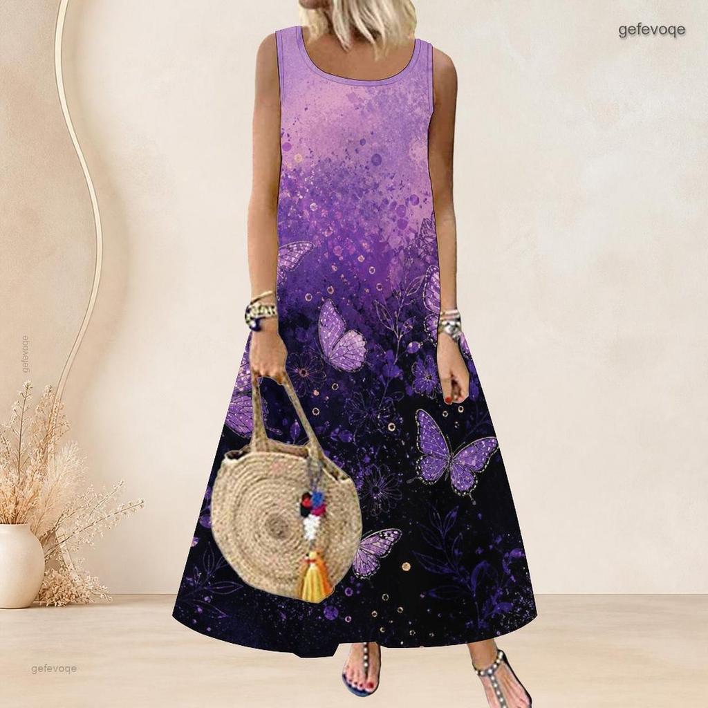 Women Plus Size Scoop Neck Sleeveless Purple Butterfly Printed A Line Maxi Dress