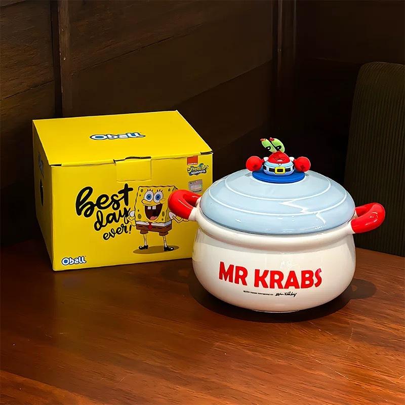Cute Crab Boss Binaural Instant Noodle Bowl With Cover Dormitory Home Student Ceramic Soup Bowl Haiji Baby Hand Gift
