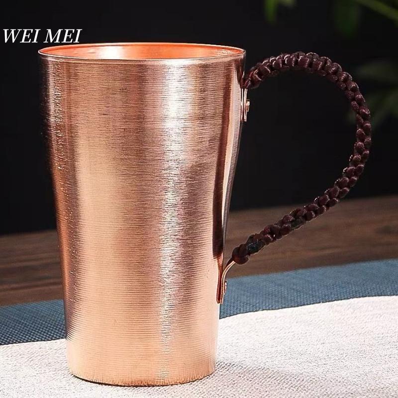 Handgefertigter reiner Kupfer-Kaffeebecher, 400 ml Frühstückstasse, tragbar, glatte Oberfläche, gewebter Griff, Heim-Bierbecher, Geschirr