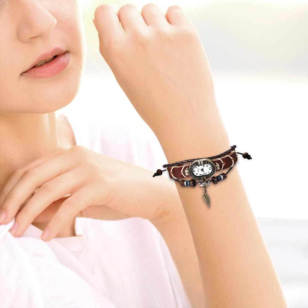 Antike Leder-Analoguhr mit Gebetsperlen und Blatt geflochtenem Leder Quadratisch Lässig Perfekt für oder als Geschenk für Sie Damen Multi-Wrap Armband,