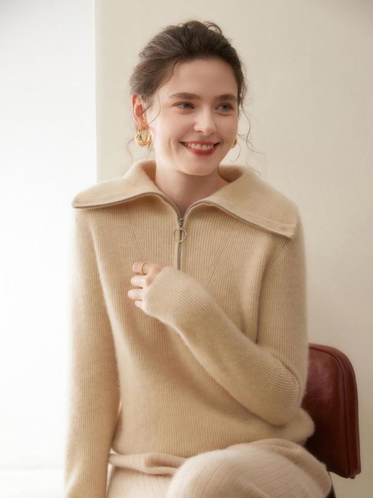 Damen Dick gestrickter Kaschmirpullover - Großer Reverskragen, Polo-Kragen mit halbem Reißverschluss, Vielseitige lockere Passform für Herbst und Winter