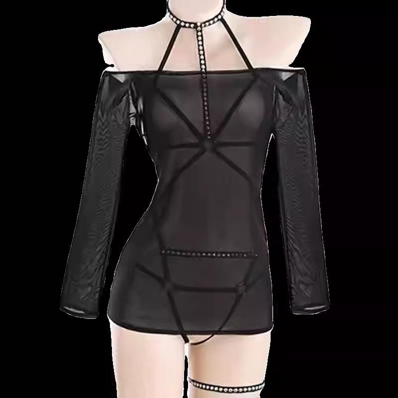 Sexy Suspender Tight Rivet Three-point One-piece Mesh See-through One-word Shoulder