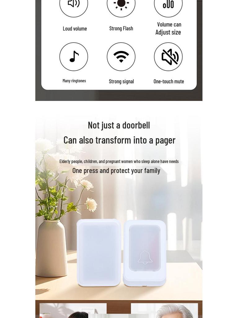 Wireless Flash Doorbell for Elderly: One-to-Three AC Power | Silent Mode | Easy One-Key Help Call