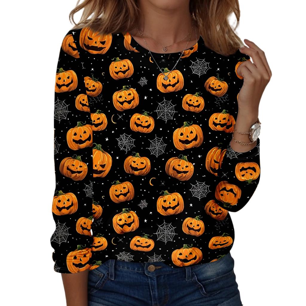 Women's Casual Long Sleeve Pullover Sweatshirt Halloween Pumpkin Print Round Neck Top Lightweight Comfortable Fit