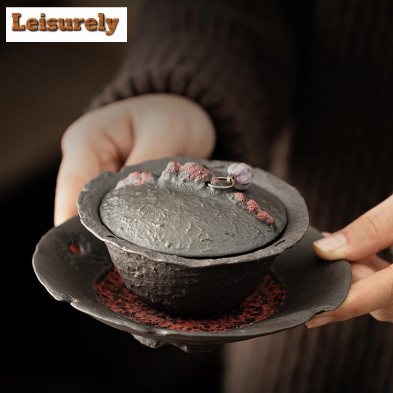 150ML Kreativer Flammenberg Alter Gesteinslehm Gaiwan Teetasse Teeschale mit Deckel Set Teezubereitungsdeckelschale Teegeschirr Dekoration