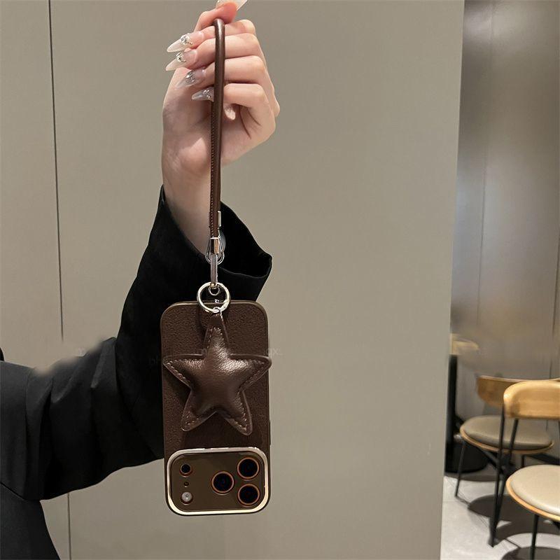Niche Ins Dark Brown Moon Pit Pattern Star Hand Rope Apple 16promax Mobile Phone Case IPhone14/13 Anti-drop 15