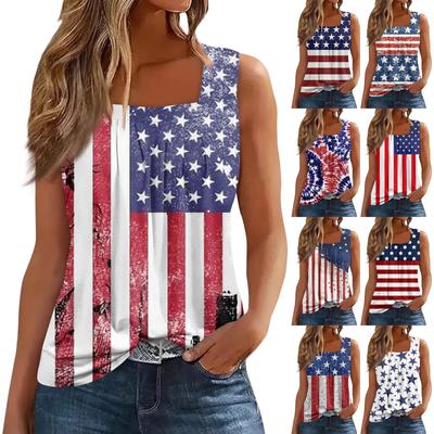 Women's Pleated Square Collar Sleeveless Vest Print T-shirt