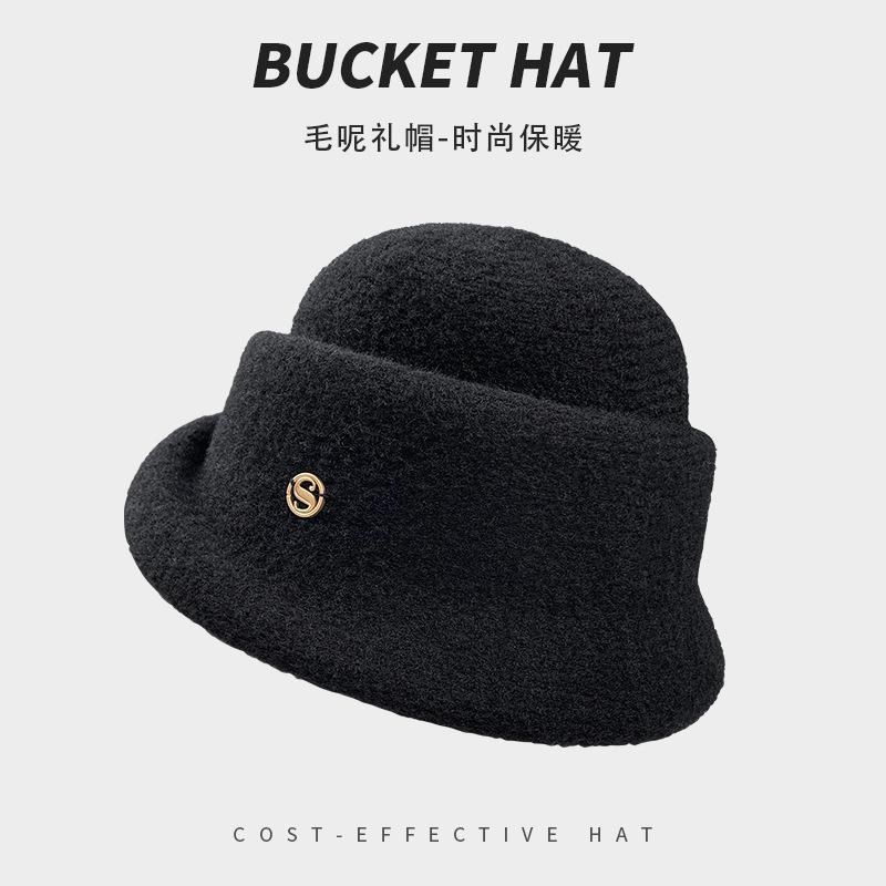 Hepburn Style Elegant Woolen Top Hat Women'S Autumn And Winter Temperament Advanced Sense Knitted Bucket Hat Warm Windproof Thousand Gold Hat